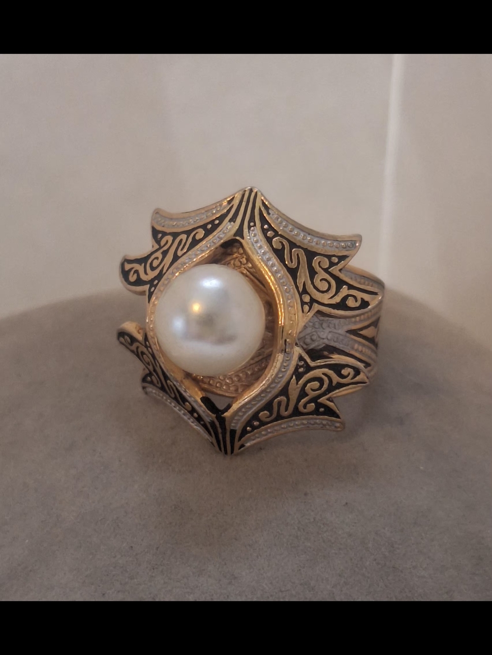 Vintage Damascene Ring Flower Feather Leaf Faux Pearl Adjustable Gold Tone